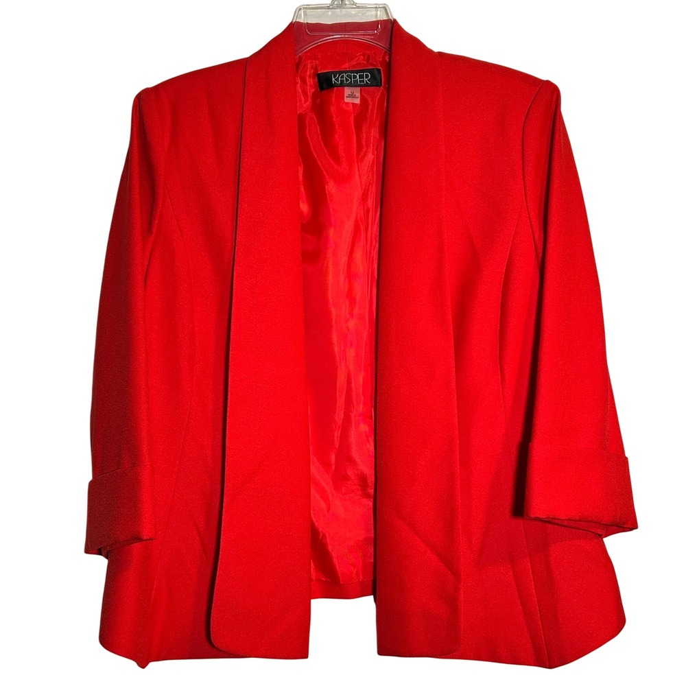 Kasper Red Open Front Collarless Blazer Jacket 3/4 Sleeve‎ Women's Size 12